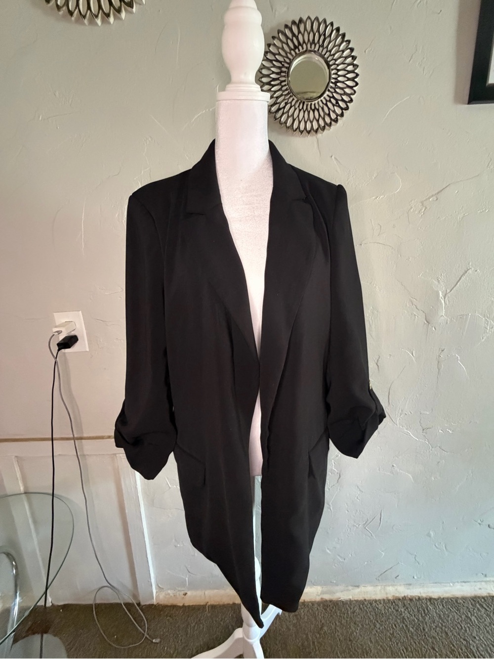 Tahari Black Long Open-Front Blazer Jacket
